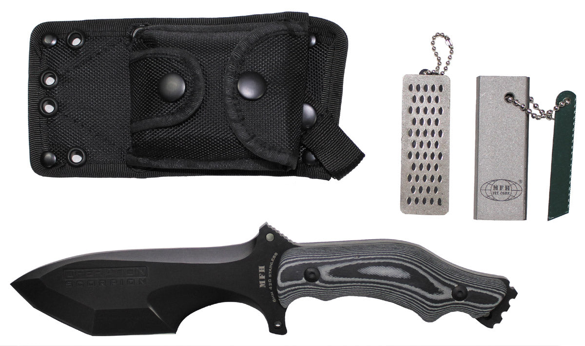 Messer, "Operation Scorpion", schwarz,Micarta-Griff, Scheide