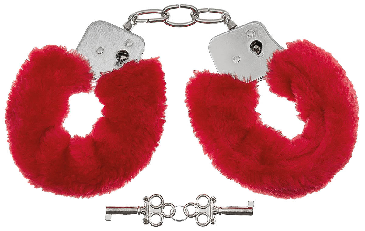 Handschellen, 2 Schlüssel, chrom, Fellüberzug in rot