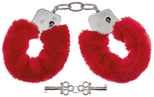 Handschellen, 2 Schlüssel, chrom, Fellüberzug in rot